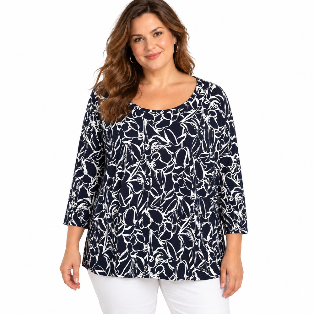 Chicos Navy Floral Stretch Knit 3/4 Sleeve Pullover Top Blouse Shirt sz 4/ XXL